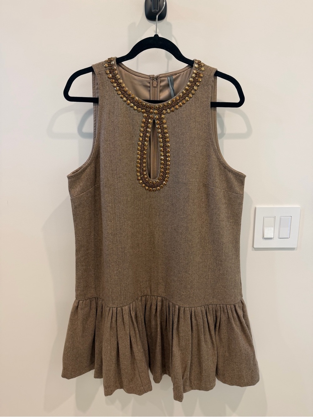Anthropologie Brown Sleeveless Drop-Waist Dress with Beaded Keyhole